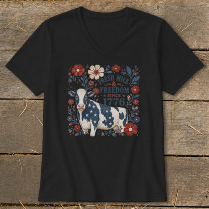 Black t-shirt with patriotic cow and "Fresh Milk & Freedom Since 1776" text.