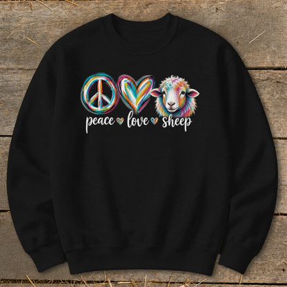 Black sweatshirt with peace, heart, and sheep graphic and text.