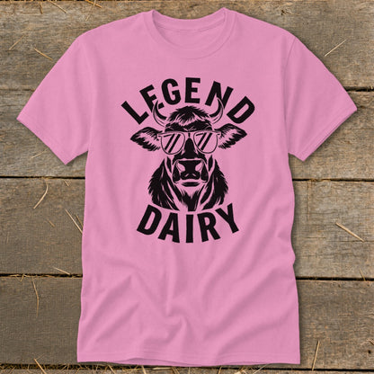 Pink t-shirt with "LEGEND DAIRY" text and a cow wearing sunglasses.