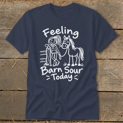 Navy t-shirt with "Feeling Barn Sour Today" graphic of a girl and horse.