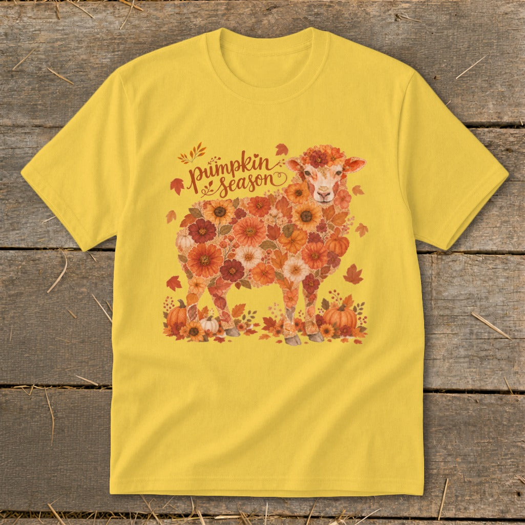 Yellow t-shirt with a sheep graphic made of autumn flowers and pumpkins.