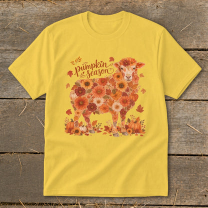 Yellow t-shirt with a sheep graphic made of autumn flowers and pumpkins.