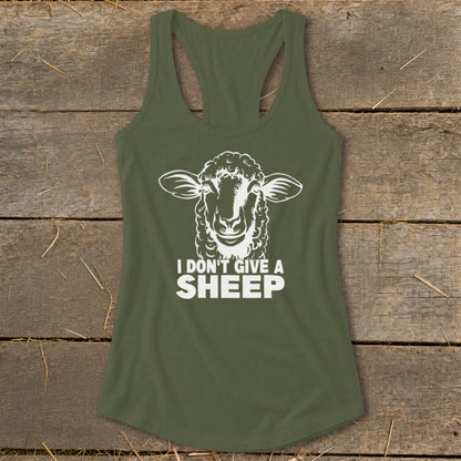 Green tank top with a white sheep graphic and the text "I DON'T GIVE A SHEEP".