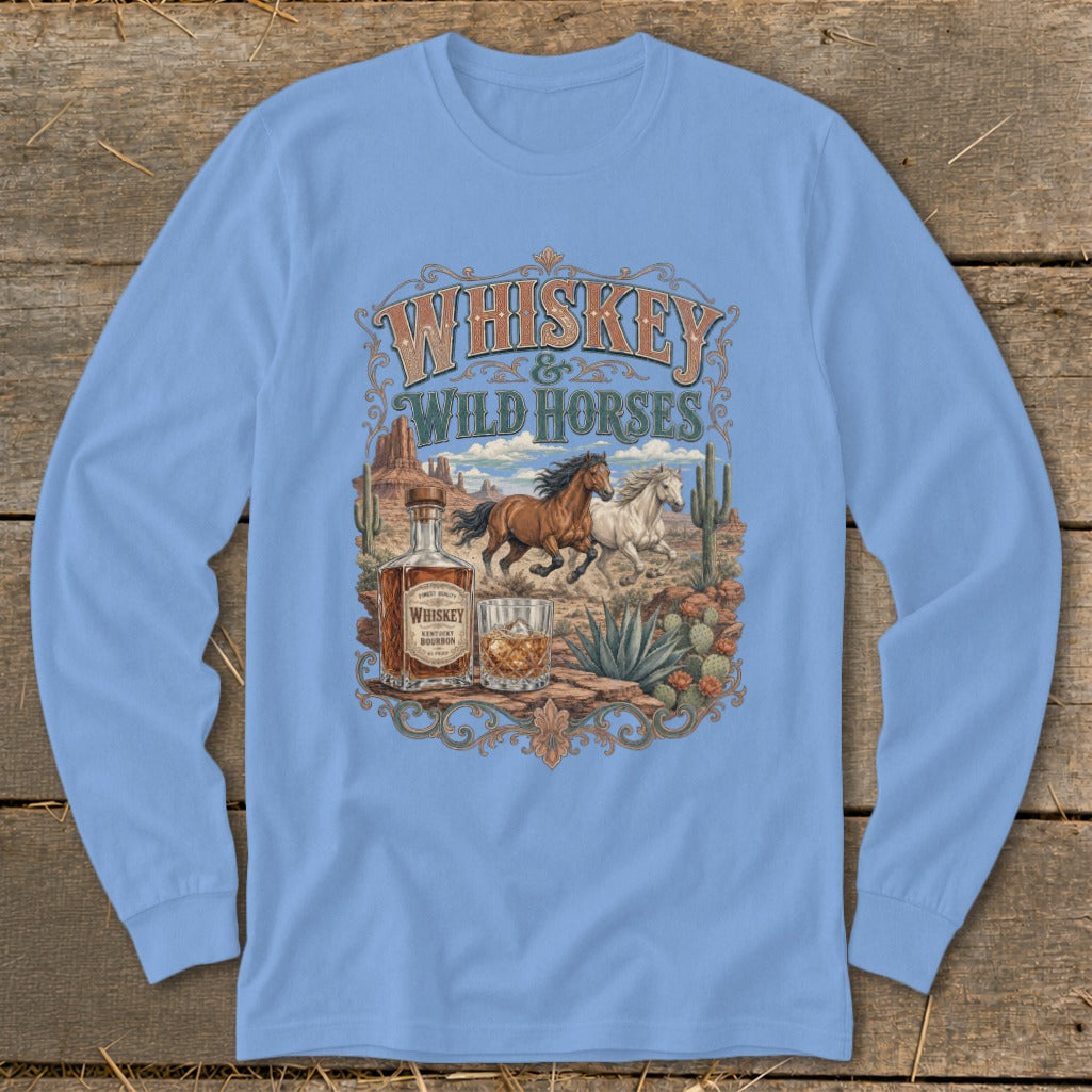 Light blue long-sleeve shirt with Whiskey & Wild Horses desert graphic.