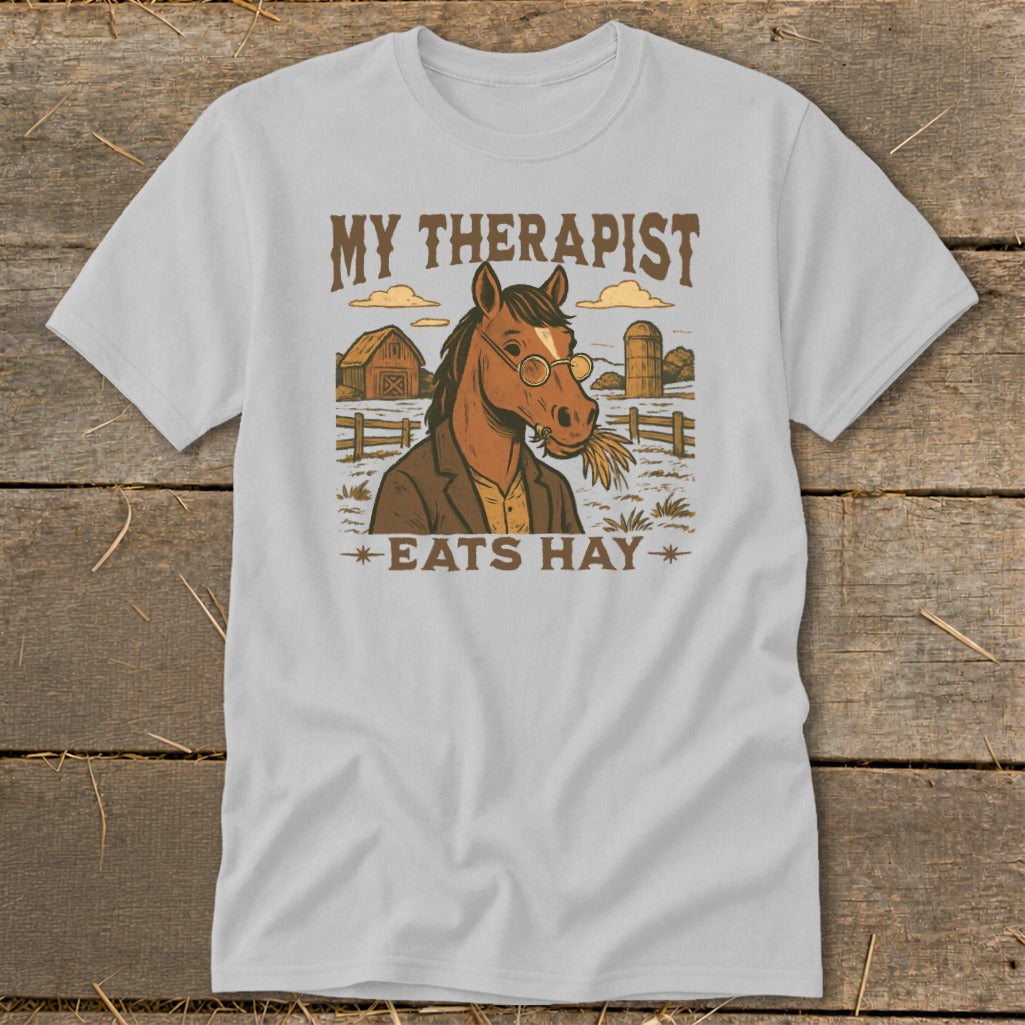Horse wearing glasses with hay in mouth, text "MY THERAPIST EATS HAY".