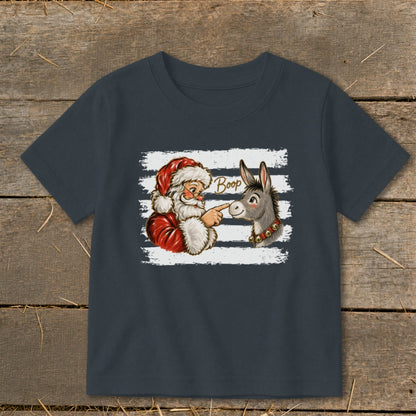 Santa booping a donkey with the word "Boop" on a striped background.