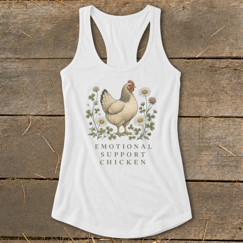 White tank top with chicken illustration and "Emotional Support Chicken" text.
