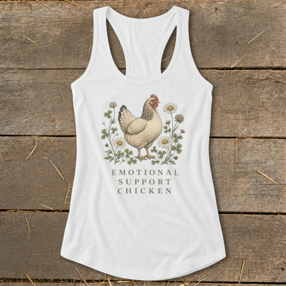 White tank top with chicken illustration and "Emotional Support Chicken" text.