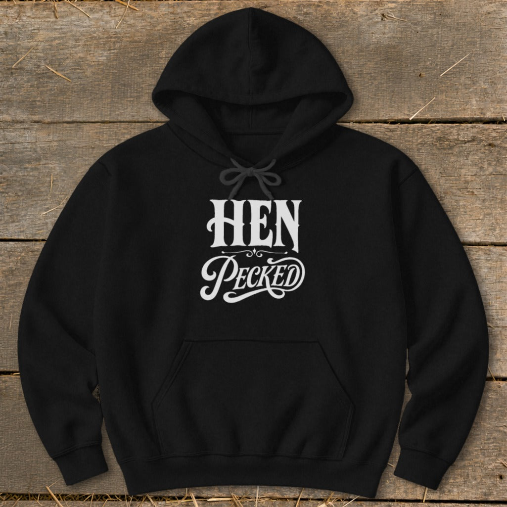 Black hoodie with white text that reads "HEN Pecked"