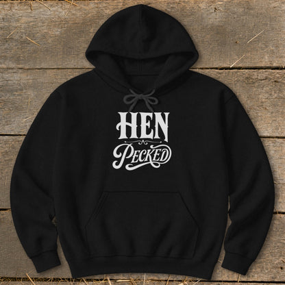 Black hoodie with white text that reads "HEN Pecked"