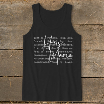 Black tank top with "Horse Mama" and descriptive words in white text.