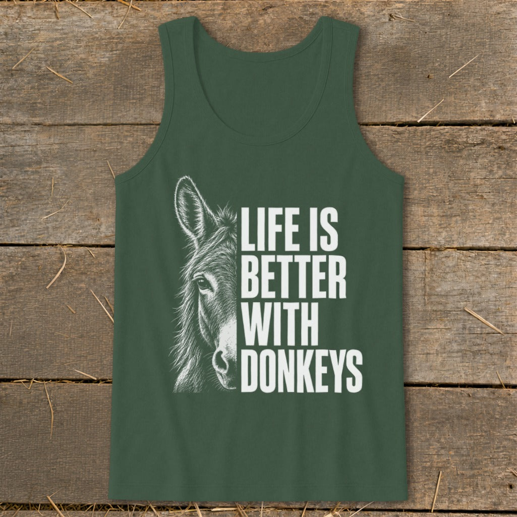 Green tank top with a donkey illustration and "Life is Better With Donkeys" text.