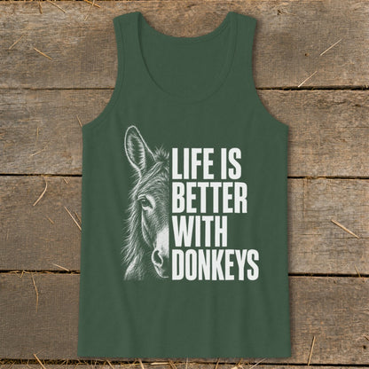 Green tank top with a donkey illustration and "Life is Better With Donkeys" text.