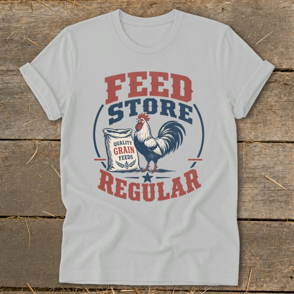 White t-shirt with graphic of a rooster and bag of grain, text reads "FEED STORE REGULAR".
