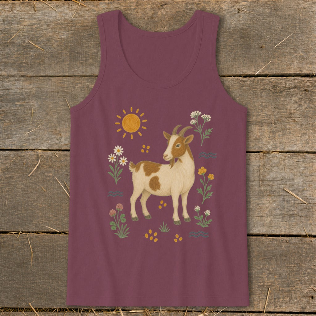 Brown and white goat surrounded by flowers, sun, and waves on a maroon tank top.
