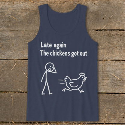 Navy tank top with white text and line drawing of a person and a running chicken.