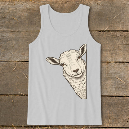 Light grey tank top with a sheep peeking from the side.