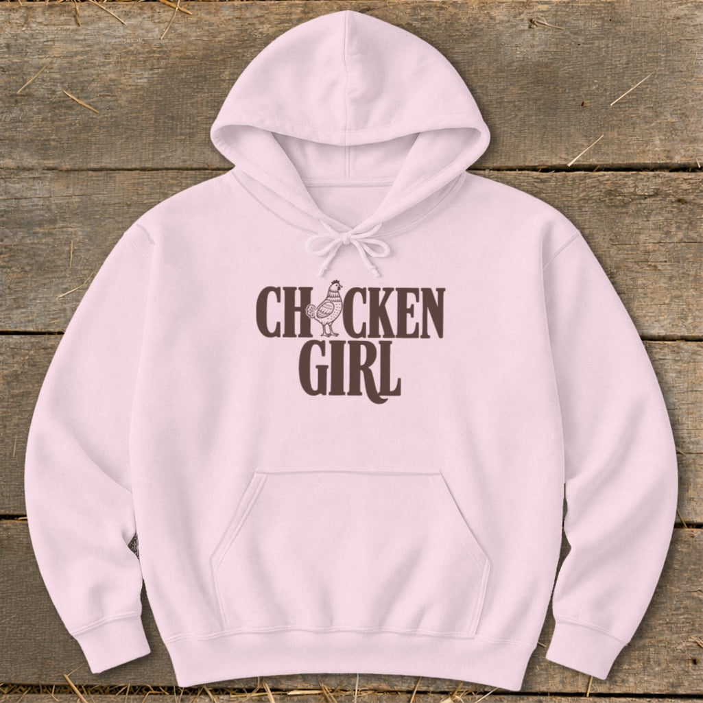 Pink hoodie with "CHCKEN GIRL" text and a chicken graphic.