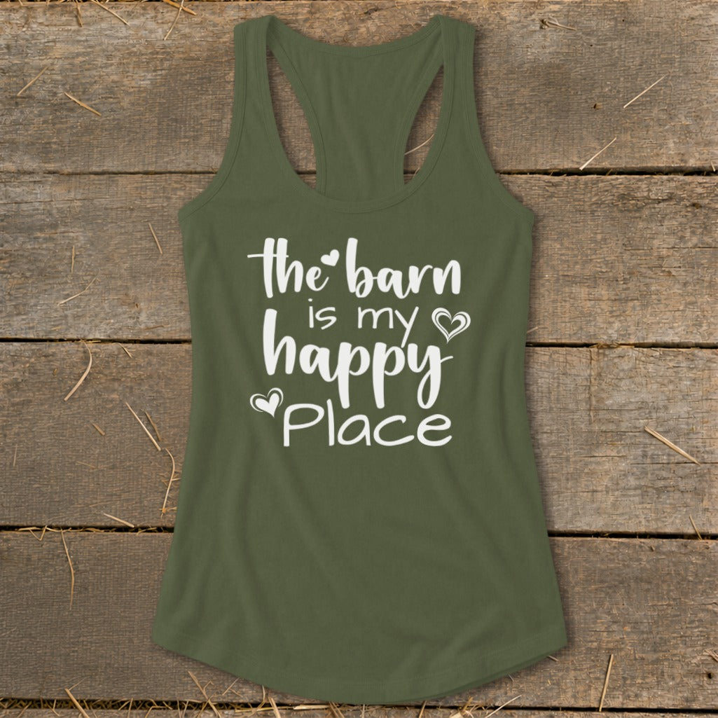 Olive green tank top with white text: "the barn is my happy place".