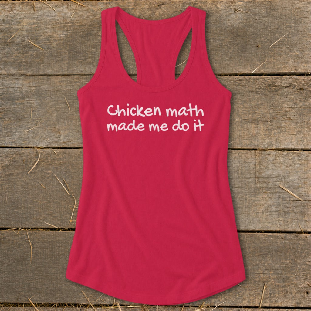 Fuchsia racerback tank top with white text that reads "Chicken math made me do it".