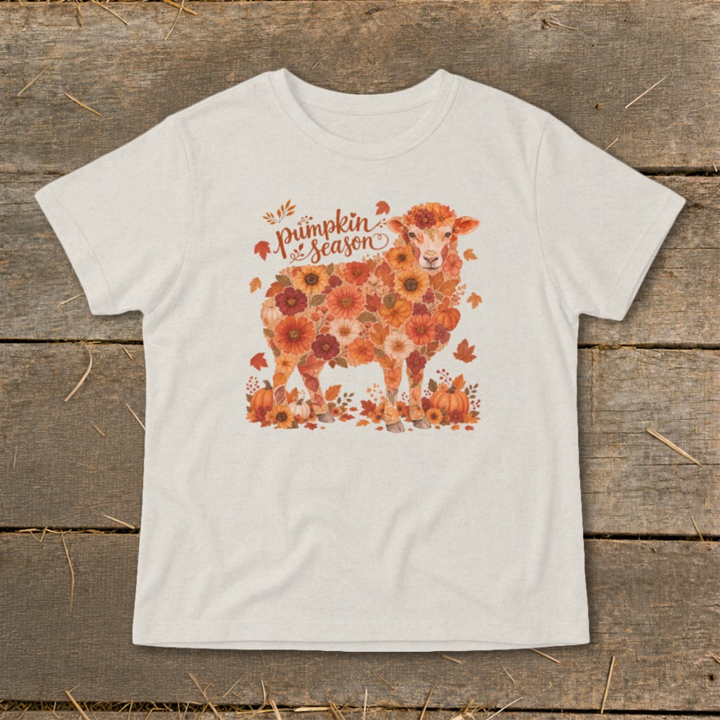 T-shirt graphic with a sheep made of autumn flowers and the text "pumpkin season".