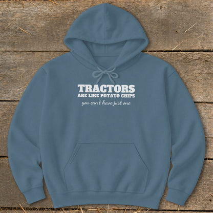 Blue hoodie with "TRACTORS ARE LIKE POTATO CHIPS you can't have just one" text.