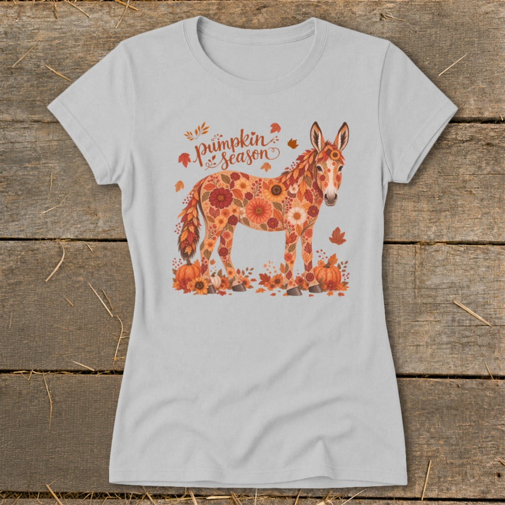 Light grey t-shirt with a floral donkey and "Pumpkin Season" text.
