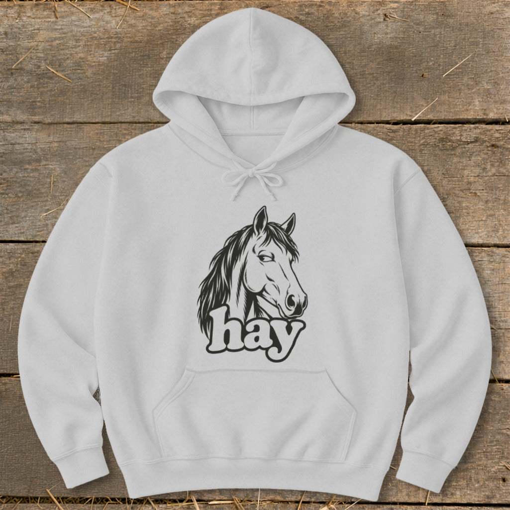 White hoodie with black graphic of a horse head and the word "hay".