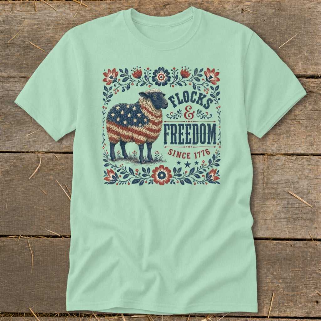 Sheep with American flag pattern and "Flocks & Freedom Since 1776" text.