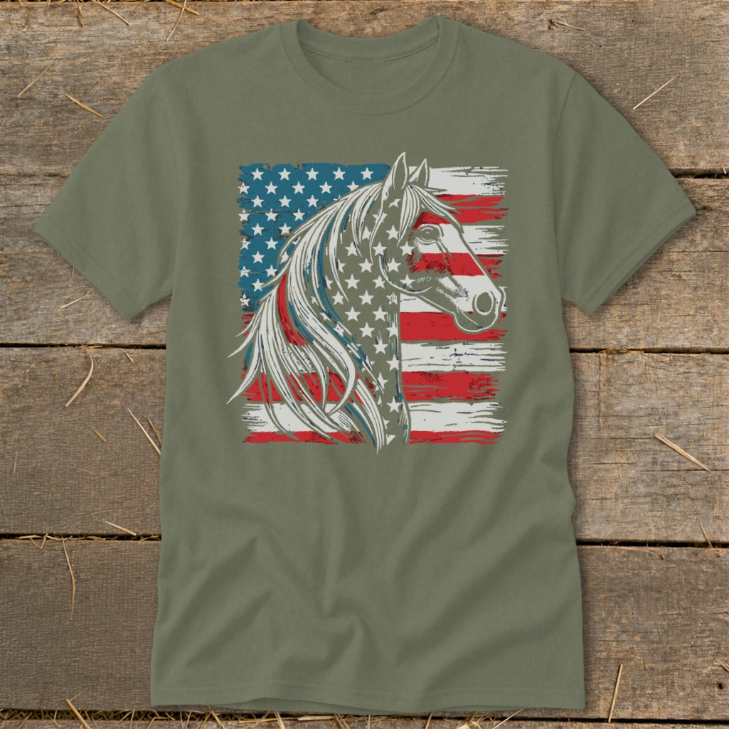 Horse head with American flag design on a khaki t-shirt.