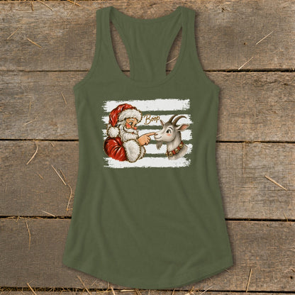 Santa playfully boops a goat on the nose with the word "Boop" on a white striped background.