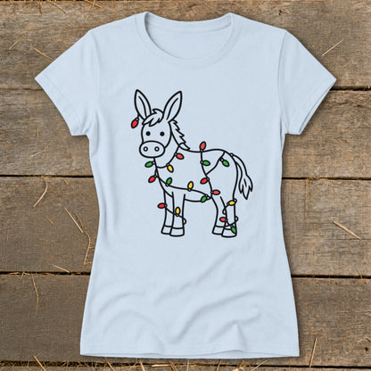 Light blue t-shirt with a cartoon donkey wrapped in colorful Christmas lights.