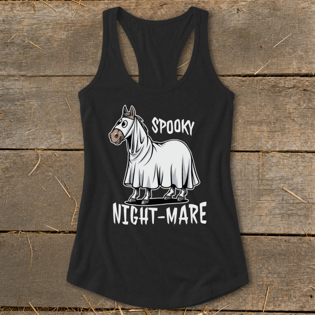 Horse wearing ghost costume with text "SPOOKY NIGHT-MARE" on black tank top.