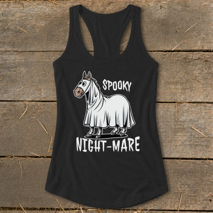 Horse wearing ghost costume with text "SPOOKY NIGHT-MARE" on black tank top.