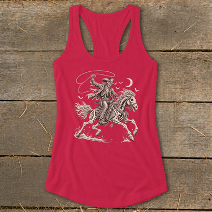 Skeleton cowboy on a horse with lasso, moon, and birds graphic on red tank top.