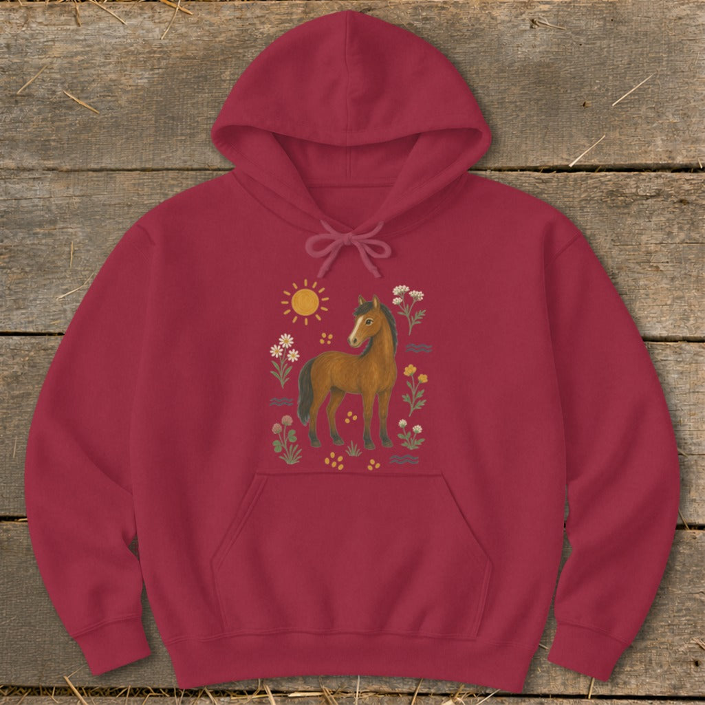 Maroon hoodie with a painted brown horse surrounded by sun, flowers, and waves.