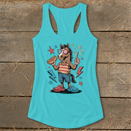 Cartoon horse wearing sunglasses, holding a hot dog, and a sparkler with fireworks.