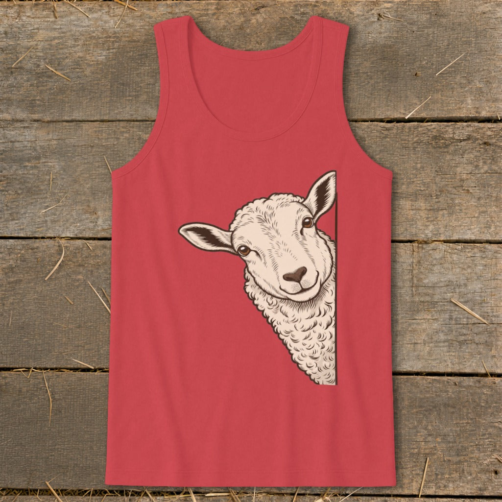 Red tank top with a peeking sheep illustration.