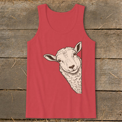 Red tank top with a peeking sheep illustration.