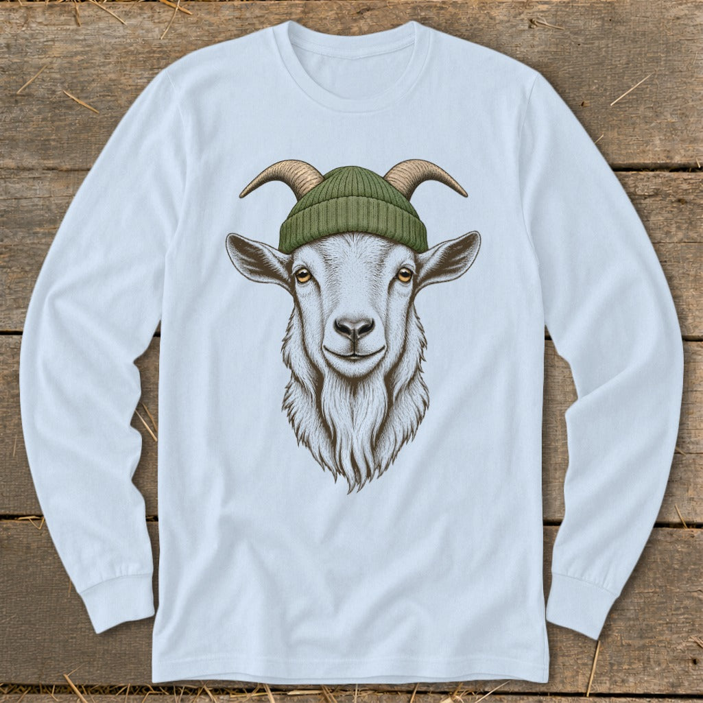 White long-sleeved shirt featuring a drawing of a goat wearing a green beanie.
