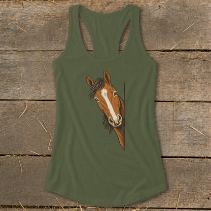Olive green tank top featuring a brown horse head peeking from the side.