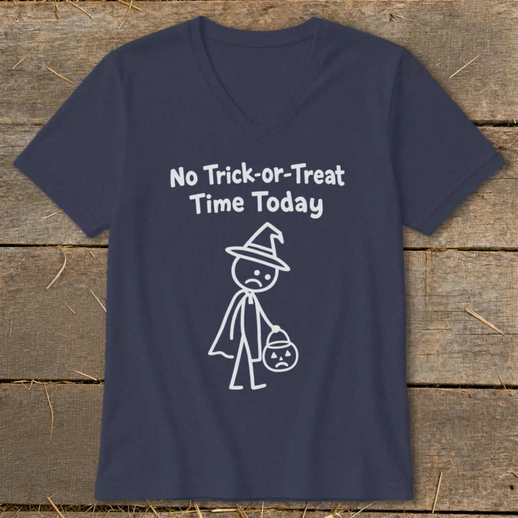 Navy t-shirt with white text "No Trick-or-Treat Time Today" and a sad stick figure.