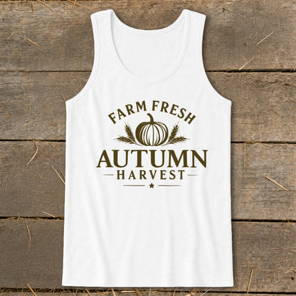 White tank top with "Farm Fresh Autumn Harvest" text and a pumpkin graphic.