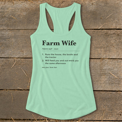 Mint green tank top with "Farm Wife" definition text.
