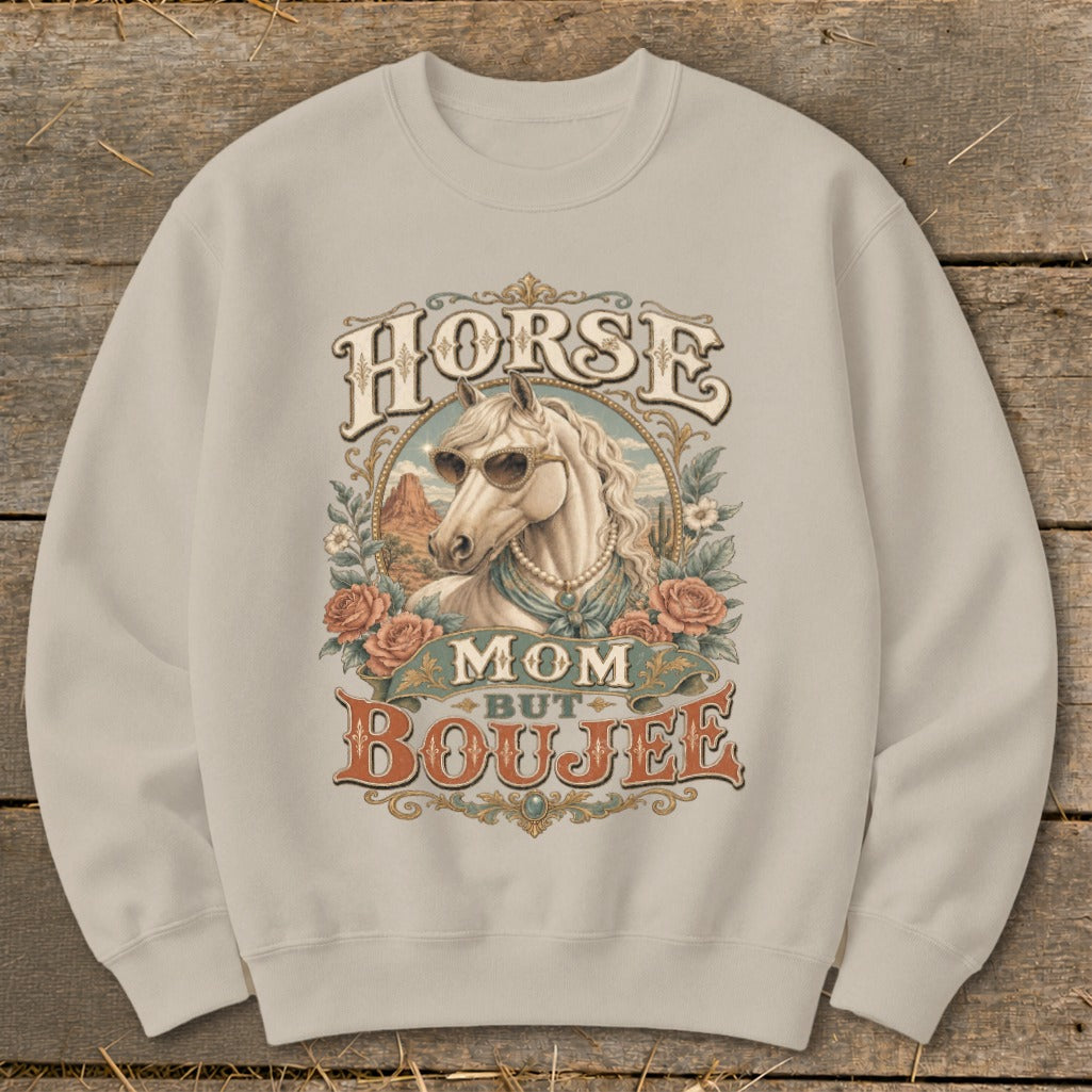 Horse Mom But Boujee graphic on a tan sweatshirt with a horse wearing sunglasses.