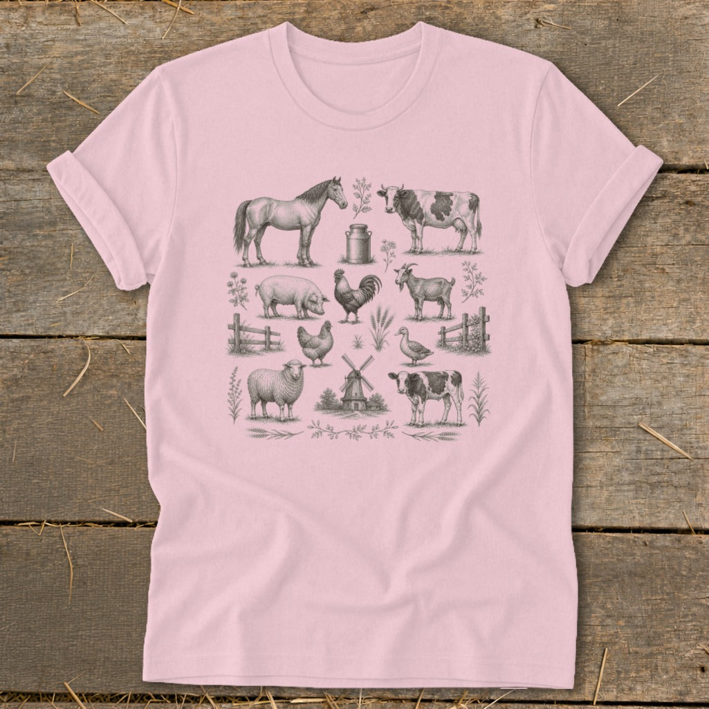 Pink t-shirt with a sketch of farm animals including horse, cow, pig, goat, sheep, chickens, and duck.