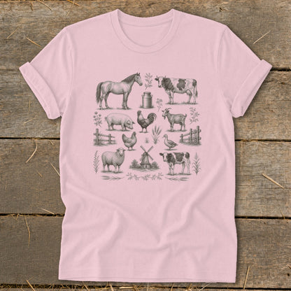 Pink t-shirt with a sketch of farm animals including horse, cow, pig, goat, sheep, chickens, and duck.