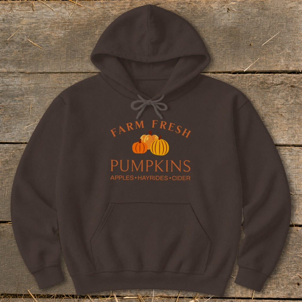 Brown hoodie with "Farm Fresh Pumpkins" graphic and fall activities.