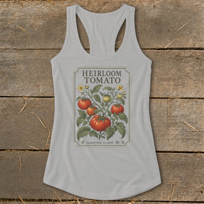 Light grey tank top with "Heirloom Tomato" graphic and tomato plant illustration.