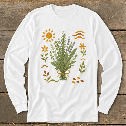 White long sleeve shirt with a bouquet of herbs and floral illustrations.